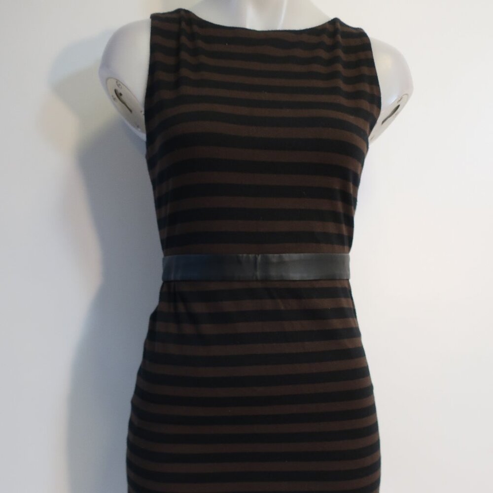 Womens Alice + Olivia Black Brown Striped Stretch Leather Waistband Mini Dress 6 - Picture 6 of 11